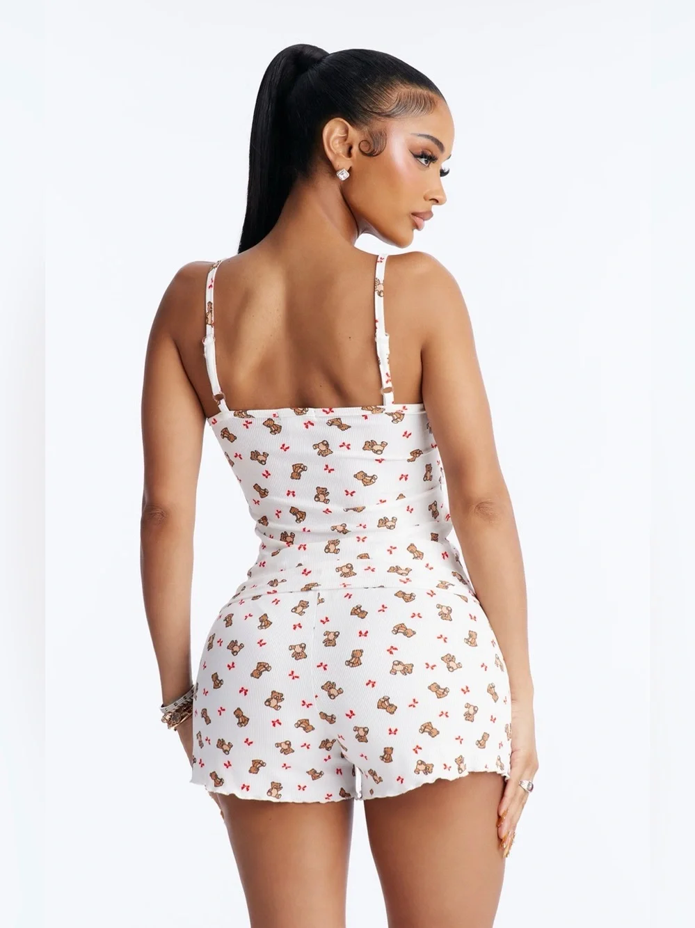 ✨ White Teddy Print shorts Pajama Set - Cute Two-Piece Sleepwear